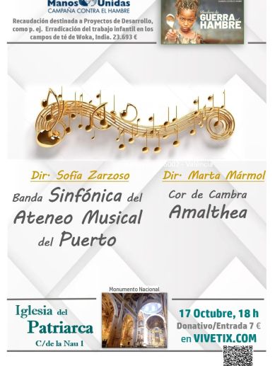 Cartel del concierto solidario de la Banda Sinfónica del Ateneo Musical del Puerto y el Cor de Cambra Amalthea a favor de Manos Unidas. / Manos Unidas Cartel del concierto solidario de la Banda Sinfónica del Ateneo Musical del Puerto y el Cor de Cambra Amalthea a favor de Manos Unidas. / Manos Unidas